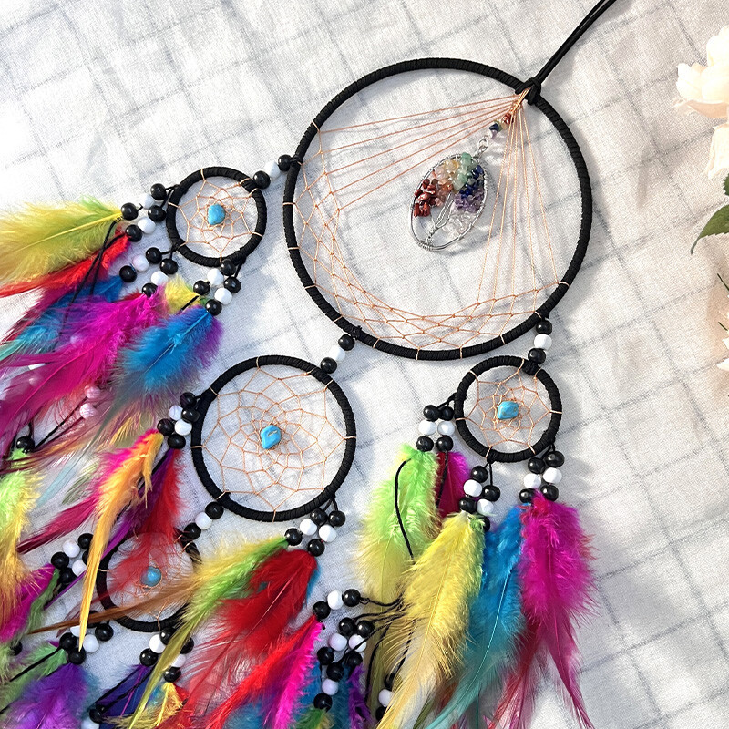 Pandantiv de perete de cristal artizanal rafinat Captorul de vise, clopoței de vânt cu pene colorate, ornamente suspendate pentru dormitor, decorațiuni pentru casă