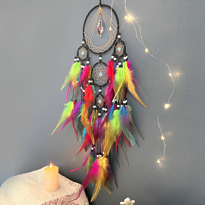 Pandantiv de perete de cristal artizanal rafinat Captorul de vise, clopoței de vânt cu pene colorate, ornamente suspendate pentru dormitor, decorațiuni pentru casă