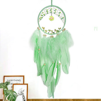 Πράσινο φτερό Dream Catcher Wind Chimes Σαλόνι Υπνοδωμάτιο Κρεμαστά στολίδια Μικρή μαργαρίτα Χειροποίητη διακόσμηση τοίχου Δώρα Φεστιβάλ