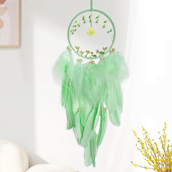 Πράσινο φτερό Dream Catcher Wind Chimes Σαλόνι Υπνοδωμάτιο Κρεμαστά στολίδια Μικρή μαργαρίτα Χειροποίητη διακόσμηση τοίχου Δώρα Φεστιβάλ