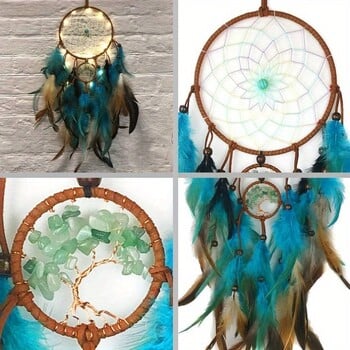 1PC Blue Life Tree Dream Catcher Net, ръчно изработен ловец на сънища с пера и приказни светлини, стенен декоративен