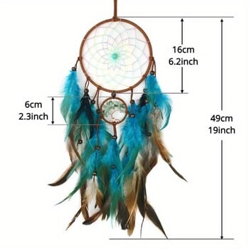 1PC Blue Life Tree Dream Catcher Net, ръчно изработен ловец на сънища с пера и приказни светлини, стенен декоративен