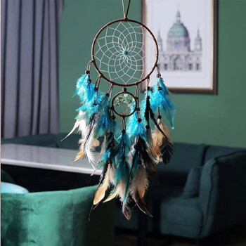 1PC Blue Life Tree Dream Catcher Net, ръчно изработен ловец на сънища с пера и приказни светлини, стенен декоративен