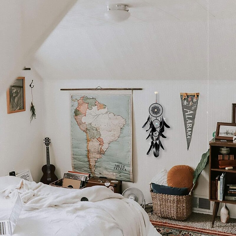 1 db Fekete gótikus álomfogó fali dekor Kézzel készített szőtt tollas Makramé álomfogó fali akasztós hálószobába, nappaliba