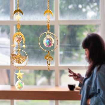 Crystals Sun Catcher Висящо дърво Wind Chime Rainbow Prism Moon Catcher Външни завеси за прозорци Висулка Art Garden Decoration