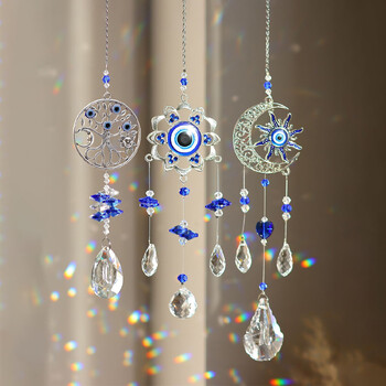 1 бр. Evil Eye Moon Tree of Life Crystal Suncatcher висулка за дома Направи си сам Wind Chime Висяща висулка за декорация на прозорец