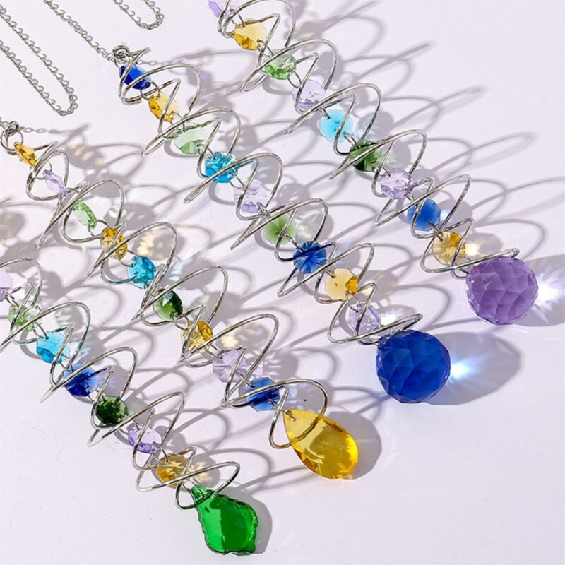 43 cm/17,7 hüvelykes 3d forgó szélcsengő szivárvány készítő dupla spirál kristálygömb napfogó kerti függő dekorációhoz