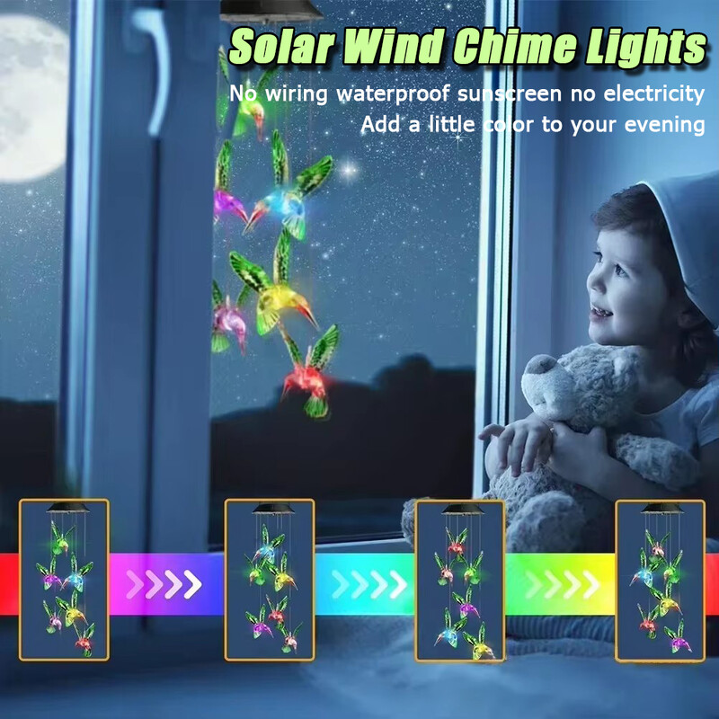 6 DB kolibri bagoly LED szélcsengő lámpa napenergiával működő dekoráció gyerekszobába hálószoba függesztett éjszakai fény ünnepi dekoráció