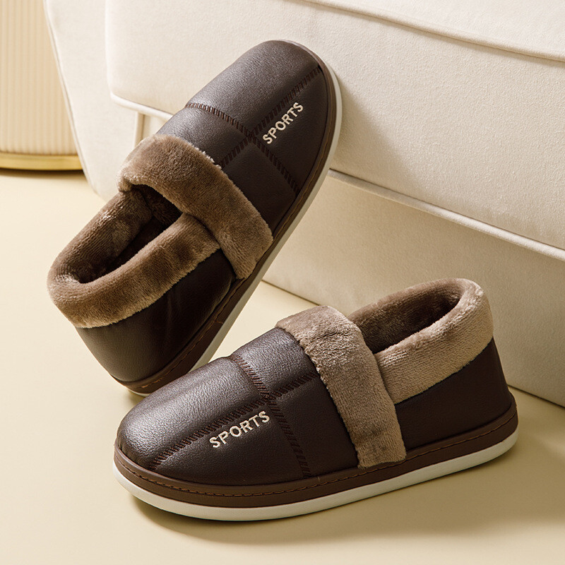 Ziemas īpaši liela izmēra 47 kokvilnas apavi ar papēžu somu vīriešiem PU ādas čības Ūdensizturīgas biezas zoles 49 mājas Neslīdoši silti apavi