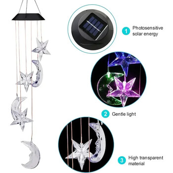 LED Solar Wind Chime Light Garden Stars Moon Wind Chime Lamp Πολύχρωμο αδιάβροχο κρεμαστό ηλιακό φως για διακόσμηση σπιτιού στην αυλή κήπου