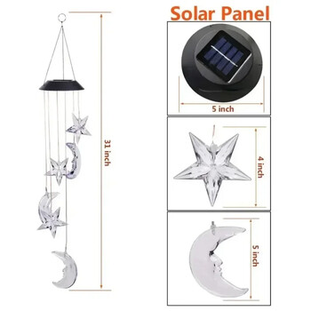 LED Solar Wind Chime Light Garden Stars Moon Wind Chime Lamp Πολύχρωμο αδιάβροχο κρεμαστό ηλιακό φως για διακόσμηση σπιτιού στην αυλή κήπου