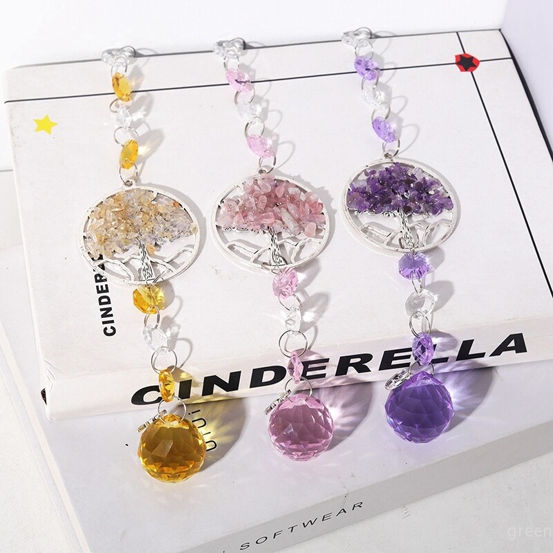 Saules ķērāju piekariņi Krāsaini dzīvības koka vēja zvani DIY auto piekarināms varavīksnes veidotājs mājas dārza estētiskā kristāla dekorācija