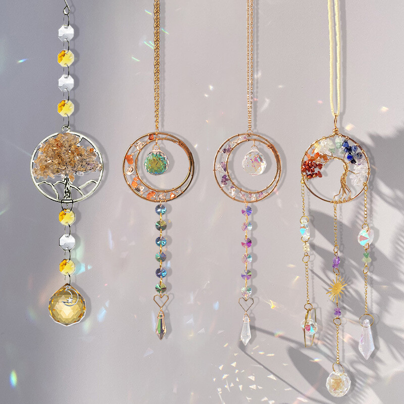 Saules ķērāju piekariņi Krāsaini dzīvības koka vēja zvani DIY auto piekarināms varavīksnes veidotājs mājas dārza estētiskā kristāla dekorācija