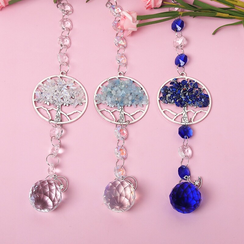 Saules ķērāju piekariņi Krāsaini dzīvības koka vēja zvani DIY auto piekarināms varavīksnes veidotājs mājas dārza estētiskā kristāla dekorācija