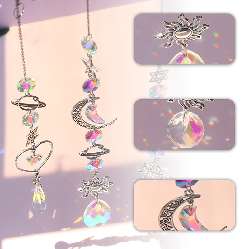 Kristāla vēja zvans mēness saules ķērējs dimanta prizmas kulons sapņu ķērējs varavīksnes ķērājs piekārts piliens mājas dārza dekors vējzvans