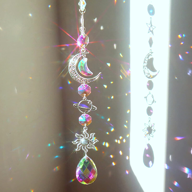 Kristāla vēja zvans mēness saules ķērējs dimanta prizmas kulons sapņu ķērējs varavīksnes ķērājs piekārts piliens mājas dārza dekors vējzvans