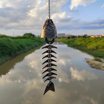 Vintage Fish Skeleton Windchime Χυτοσίδηρος Fish Bone Μεταλλικά Ανεμοδήγματα για Διακόσμηση Εξωτερικού Κήπου Μελωδία για Σπίτι, Αυλή, Βεράντα E5A6