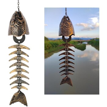 Vintage Fish Skeleton Windchime Χυτοσίδηρος Fish Bone Μεταλλικά Ανεμοδήγματα για Διακόσμηση Εξωτερικού Κήπου Μελωδία για Σπίτι, Αυλή, Βεράντα E5A6