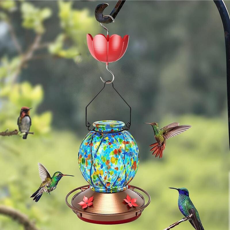 Kolibri etető hangyavédővel, rozsdamentes acél, szivárgásmentes virág formájú hangyakorláttal és rózsafüzéretetővel kültéri teraszkerthez