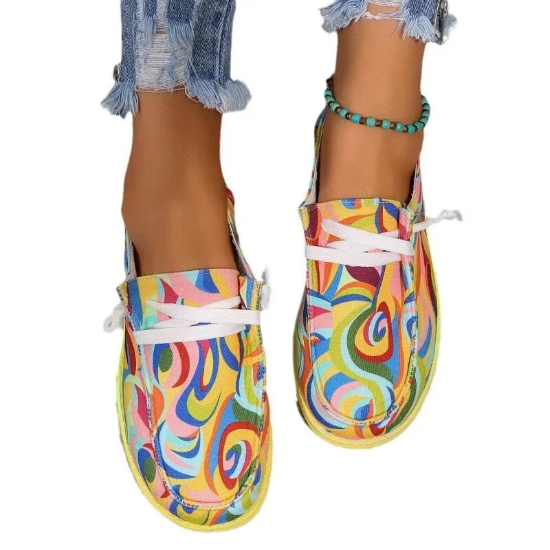 Sieviešu etniskās varavīksnes audekla apavi Rudens Jauni ikdienas sieviešu apavi plakani apavi ar apaļu purngalu, daudzkrāsu apdruka, šņorējamas kedas