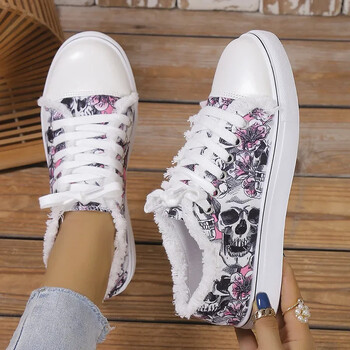 Floral Skull Canvas Παπούτσια 2024 Γυναικεία Επίπεδα αθλητικά παπούτσια μεγάλου μεγέθους Γυναικεία αθλητικά παπούτσια με κορδόνια γυναικεία Casual Vulcanized παπούτσια Zapatos