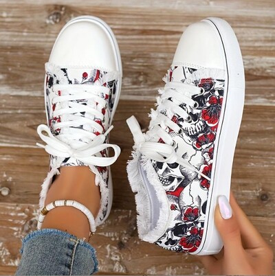 Ziedu galvaskausa audekla apavi 2024. gada sievietēm liela izmēra plakanas kedas Sieviešu šņorējamas sporta apavi sievietei ikdienas vulkanizētas kurpes Zapatos