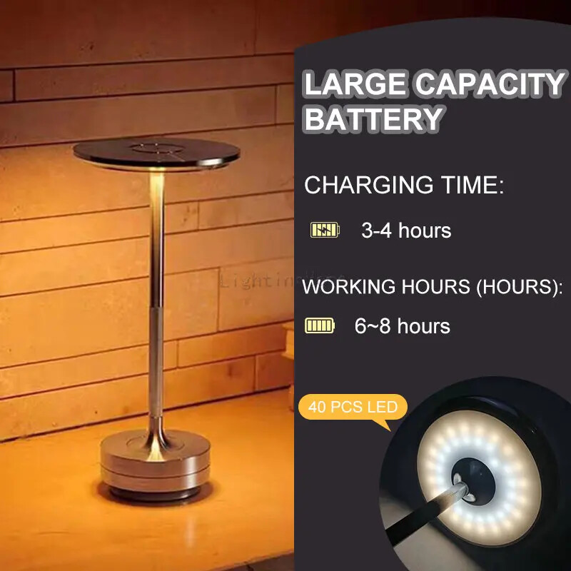 Metāla LED skārienjutīgā galda lampa Pārnēsājama bezvadu naktslampiņa ar apšuvumu uzlādējama ziemeļvalstu LED lampa kafijas galdiņa dekors