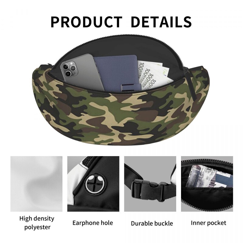Army Camo Camouflage Fanny Pack Női Férfi Egyedi Katonai Taktikai Crossbody deréktáska kerékpározáshoz Kemping Telefon Pénztartó