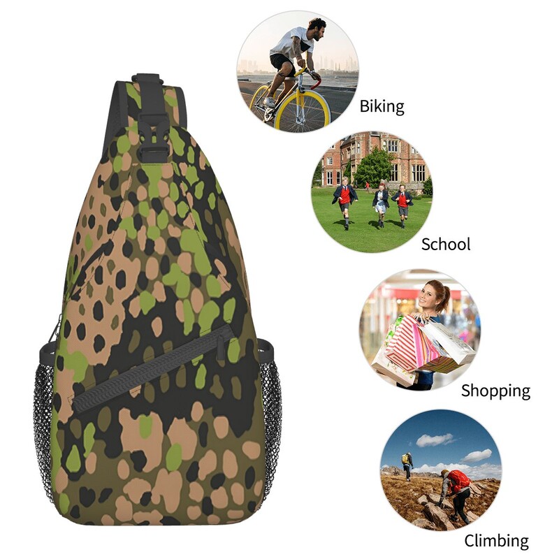 WW2 SS Erbsentarn Camouflage Crossbody Sling Bag SmallChest Bag Camo Armijas plecu mugursoma dienassoma ceļojumiem pārgājieniem kempingā