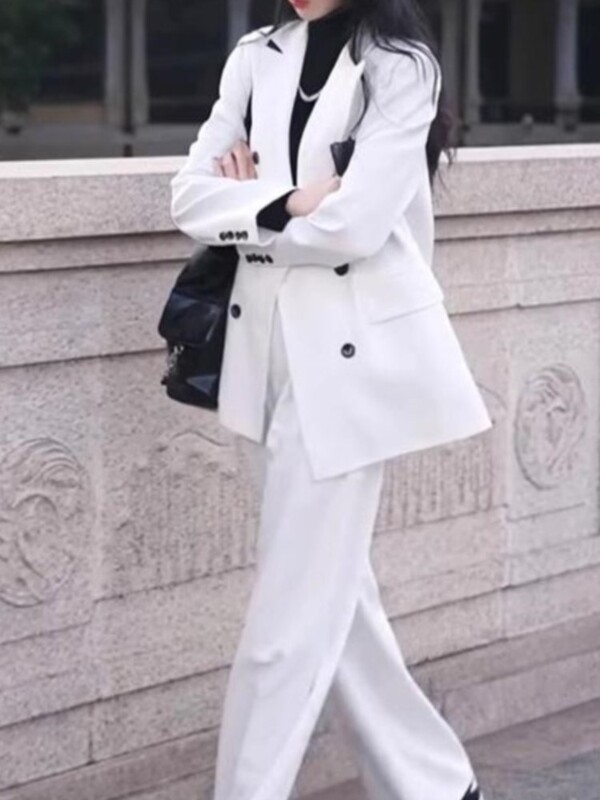 Tavasz, nyár női blézer nadrágkosztümök új divatos, hosszú ujjú irodai női üzleti női elegáns fehér ruhák, kétrészes szett