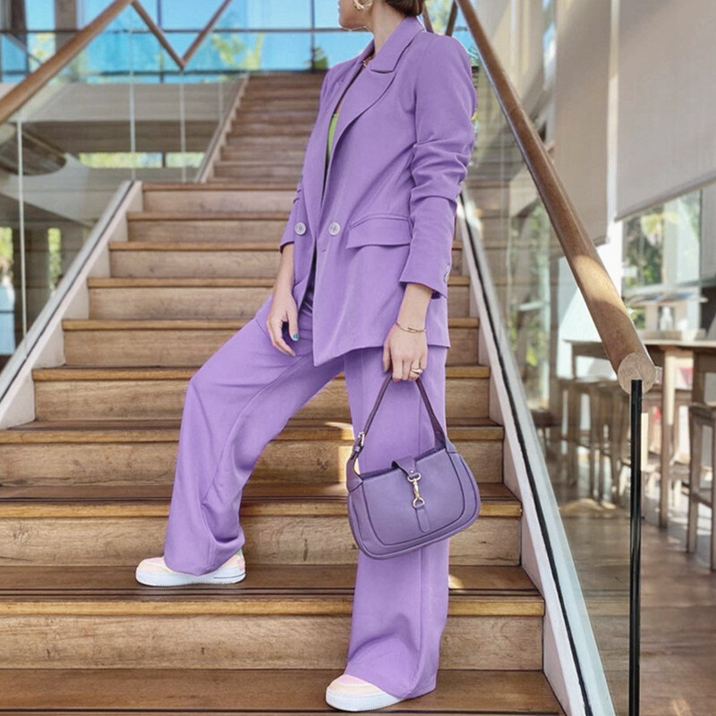 BAMBUUSA Pavasara Rudens Sieviešu Blazeri Garās Bikses Divdaļīgs Komplekts Sieviešu ikdienišķs brīvs uzvalks Platas Bikses Masīvi Apģērbi Biksestērpi