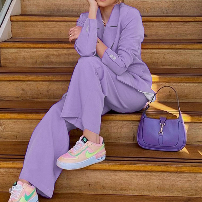 BAMBUUSA Pavasara Rudens Sieviešu Blazeri Garās Bikses Divdaļīgs Komplekts Sieviešu ikdienišķs brīvs uzvalks Platas Bikses Masīvi Apģērbi Biksestērpi