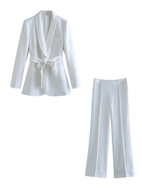 ZBZA női új divatos öltöny Retro hosszú ujjú, ékes nyakú övblézer magas derekú, széles szárú nadrág elegáns irodai öltöny szett