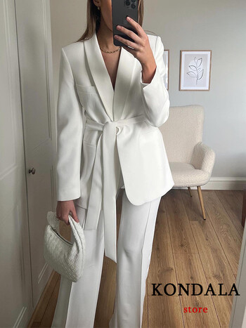 Γυναικεία κοστούμια TRAFZA Office Lady White Blazer Σετ με μακρυμάνικο V λαιμόκοψη Σετ παντελόνι με φαρδύ πόδι και ψηλή μέση 2024