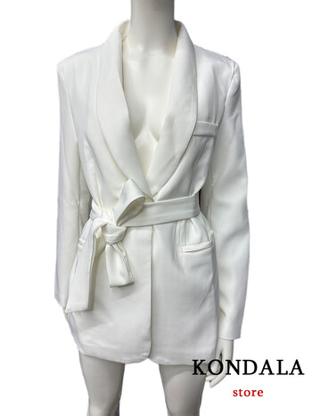 Γυναικεία κοστούμια TRAFZA Office Lady White Blazer Σετ με μακρυμάνικο V λαιμόκοψη Σετ παντελόνι με φαρδύ πόδι και ψηλή μέση 2024