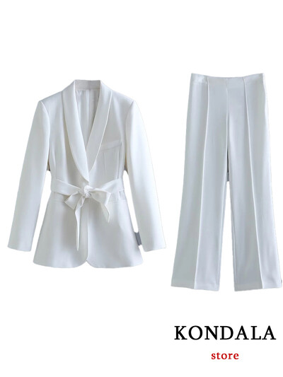 TRAFZA irodai női fehér blézer öltönyök női hosszú ujjú, V nyakú szárnyak blézer+magas derekú, széles szárú hosszú nadrágok, 2024-es divatos készletek