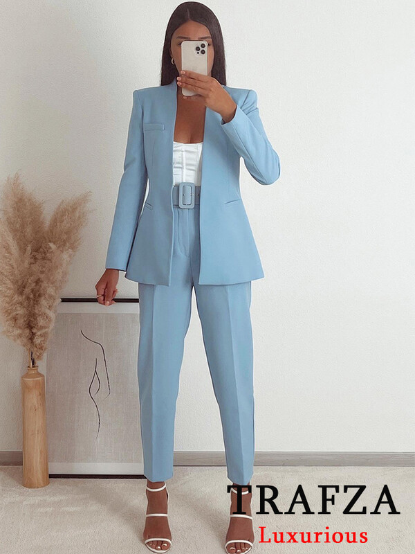 TRAFZA irodai női bézs női öltönyök, hosszú ujjú, V nyakú, túlméretezett blézer+magas derekú, széles szárú nadrágok, divatos 2024-es évjáratú szettek