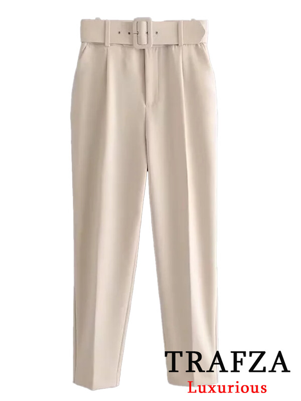 TRAFZA irodai női bézs női öltönyök, hosszú ujjú, V nyakú, túlméretezett blézer+magas derekú, széles szárú nadrágok, divatos 2024-es évjáratú szettek