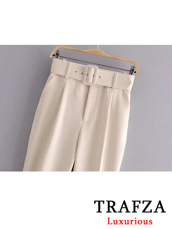 TRAFZA irodai női bézs női öltönyök, hosszú ujjú, V nyakú, túlméretezett blézer+magas derekú, széles szárú nadrágok, divatos 2024-es évjáratú szettek