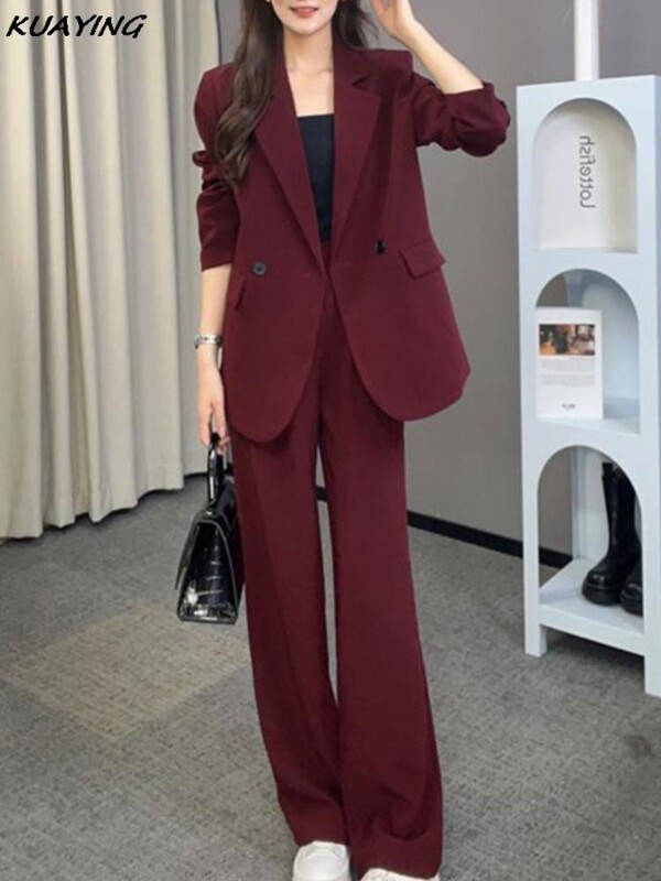 Rudens bordo žaketes bikses tērps korejiešu modes vintage brīvas jakas bikses 2 daļ. komplekts Sieviešu biznesa ikdienas bikses apģērbs jauns