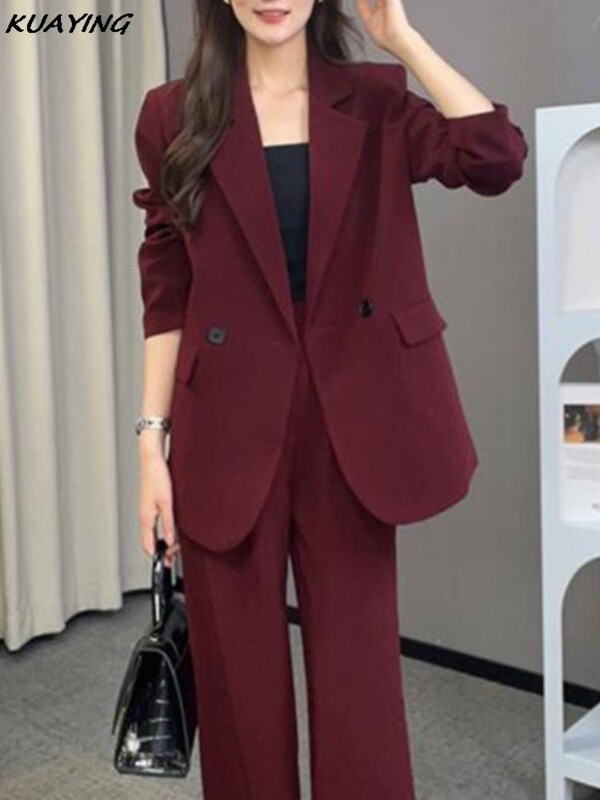 Rudens bordo žaketes bikses tērps korejiešu modes vintage brīvas jakas bikses 2 daļ. komplekts Sieviešu biznesa ikdienas bikses apģērbs jauns
