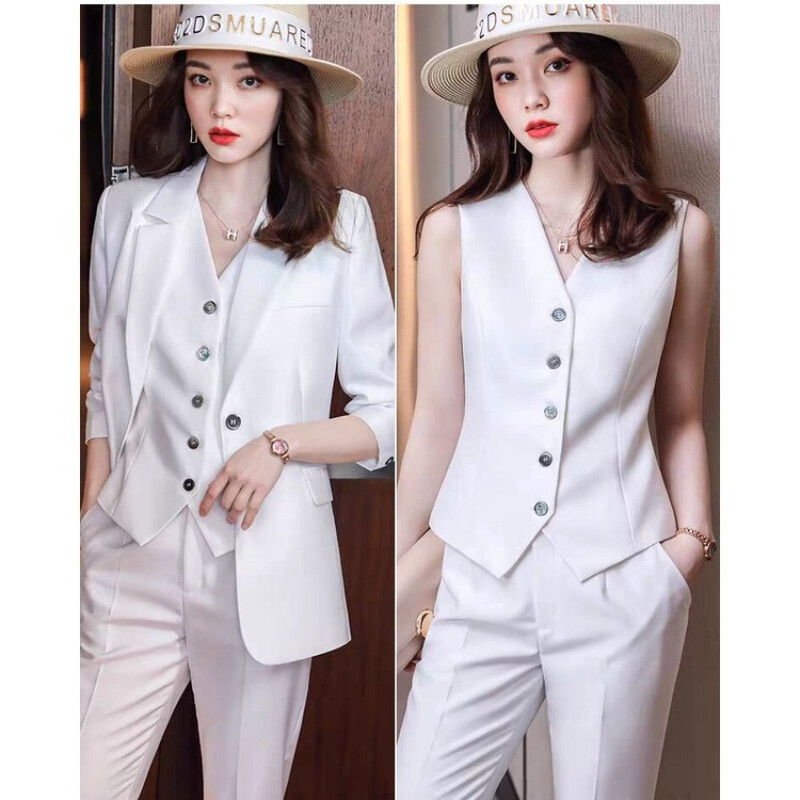 (Blézer+mellény+nadrág) Csúcsminőségű koreai női öltöny szett, egyszínű női öltöny, irodai női öltöny, női esküvői öltöny szett