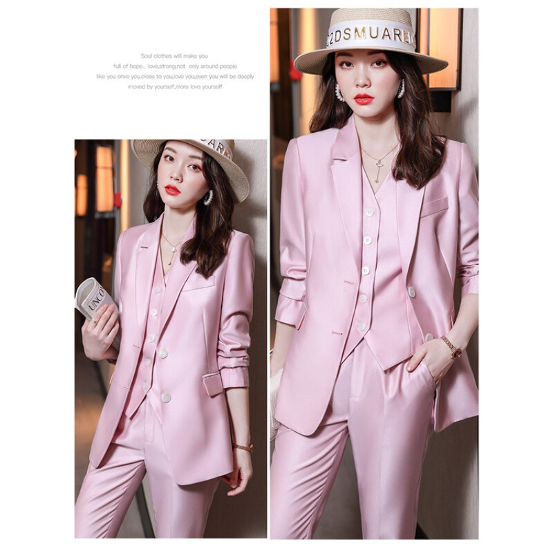 (Blézer+mellény+nadrág) Csúcsminőségű koreai női öltöny szett, egyszínű női öltöny, irodai női öltöny, női esküvői öltöny szett