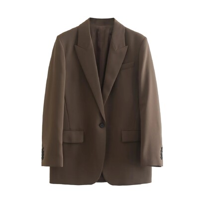 TRAF sieviešu modes 2023. gada rudens brūns sieviešu uzvalki birojā, žakete ar platu kakla izgriezumu + bikses ar augstu vidukli, retro stila sieviešu komplekti