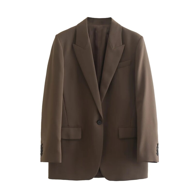 TRAF sieviešu modes 2023. gada rudens brūns sieviešu uzvalki birojā, žakete ar platu kakla izgriezumu + bikses ar augstu vidukli, retro stila sieviešu komplekti