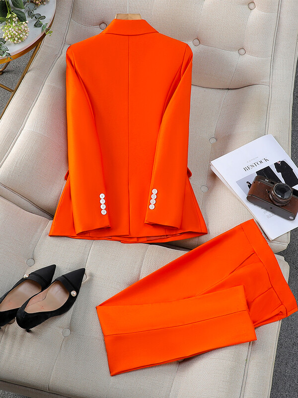 Őszi téli női mellény blézer és nadrágkosztüm Rózsaszín sötétkék narancssárga irodai női üzleti munkaruha formális 3 részes készlet