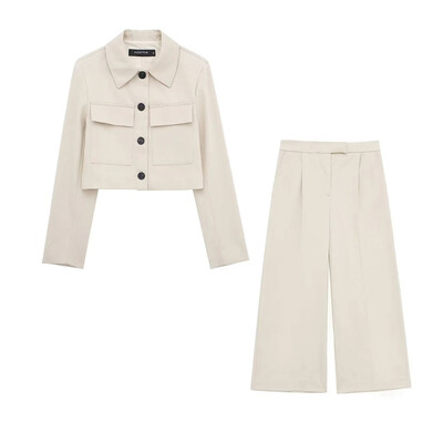 TRAF 2024 de primăvară pentru femei, ocazional, 2 piese, set kaki, buzunare, blazer scurt, pantaloni uni, drepți, cu fermoar, costum elegant