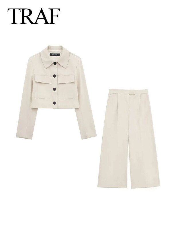 TRAF 2024 de primăvară pentru femei, ocazional, 2 piese, set kaki, buzunare, blazer scurt, pantaloni uni, drepți, cu fermoar, costum elegant