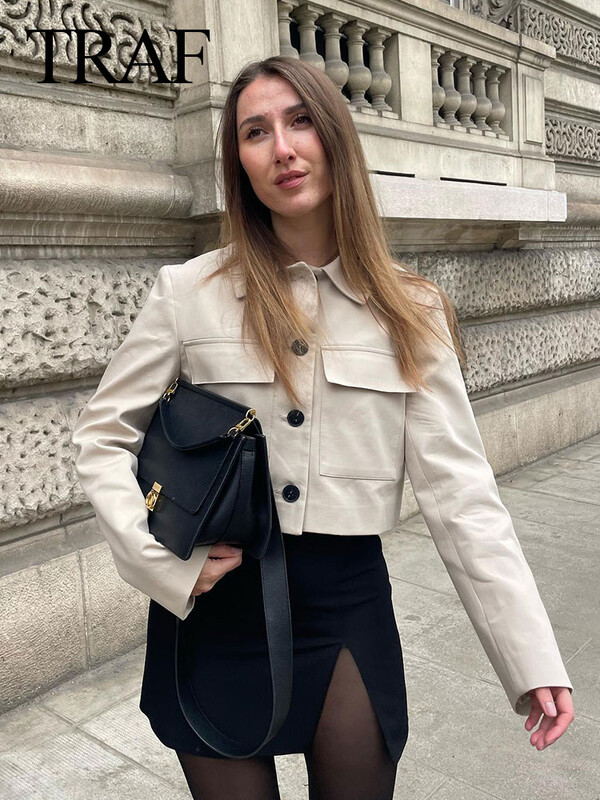 TRAF 2024 de primăvară pentru femei, ocazional, 2 piese, set kaki, buzunare, blazer scurt, pantaloni uni, drepți, cu fermoar, costum elegant