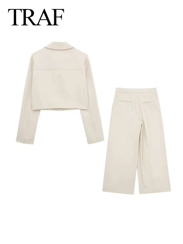 TRAF 2024 de primăvară pentru femei, ocazional, 2 piese, set kaki, buzunare, blazer scurt, pantaloni uni, drepți, cu fermoar, costum elegant